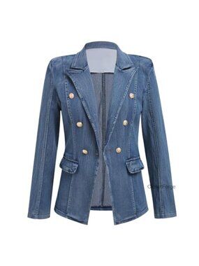 Denim Blazer Notch Collar One Button Office Business Work Jacket